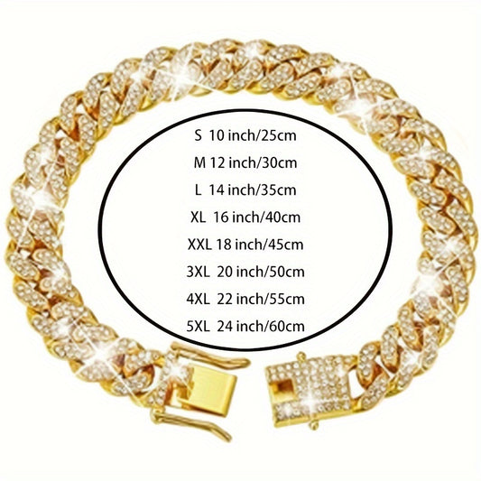 1pcs Dog Chain Collar Faux Diamond Cuban Chain Dog Collar 13mm Wide Dog Necklace Metal Cat Chain Pet Crystal Collar Jewelry Accessories Suitable for Small, Medium, And Large Dogs And Cats