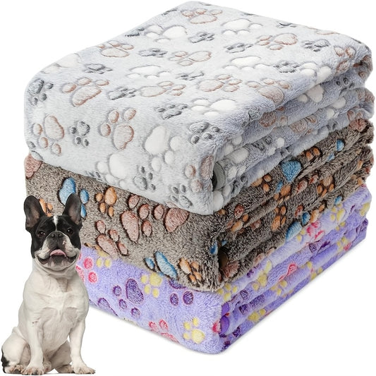 3-Pack Thickened Pet Blankets with Paw Print & Bone Patterns - Soft Plush Machine Washable Dog Blankets for All Dog Sizes, Cozy Warmth for Medium, Large, Small Breeds, Pet Comfort Accessory | Playful Animal Design
